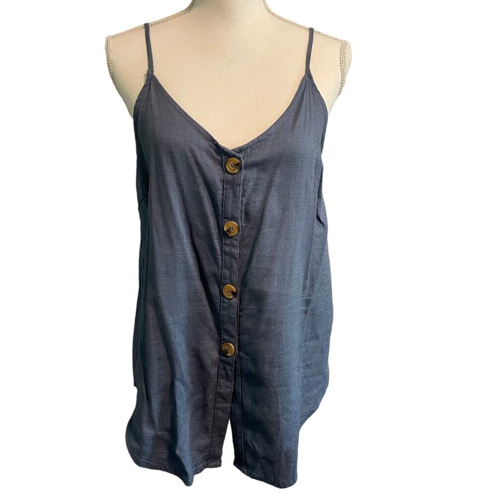Vintage Inspired Impressions Blue Linen Camisole Blouse Tortoiseshell Buttons L